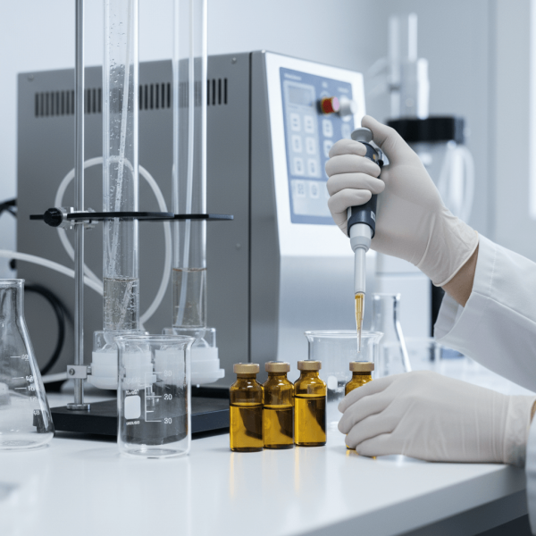 Technicien de laboratoire manipulant équipement HPLC pour analyse de cannabino&iuml;des et contr&ocirc;le qualité CBD