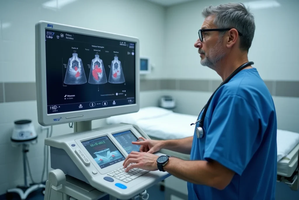 Cardiologue analysant une échographie cardiaque sur un moniteur en laboratoire d'échocardiographie hospitalier, dans le contexte du suivi des patients présentant une troponine élevée après Covid
