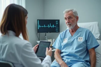 Patient d'âge moyen en consultation cardiologique avec électrodes ECG posées sur la poitrine, médecin cardiologue analysant les données sur une tablette dans un cabinet médical moderne