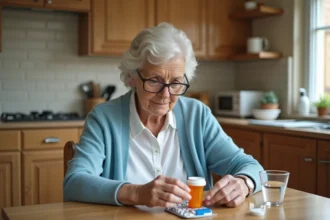 Femme âgée lisant l'étiquette d'un médicament à la cuisine, avec des antibiotiques et des probiotiques sur la table