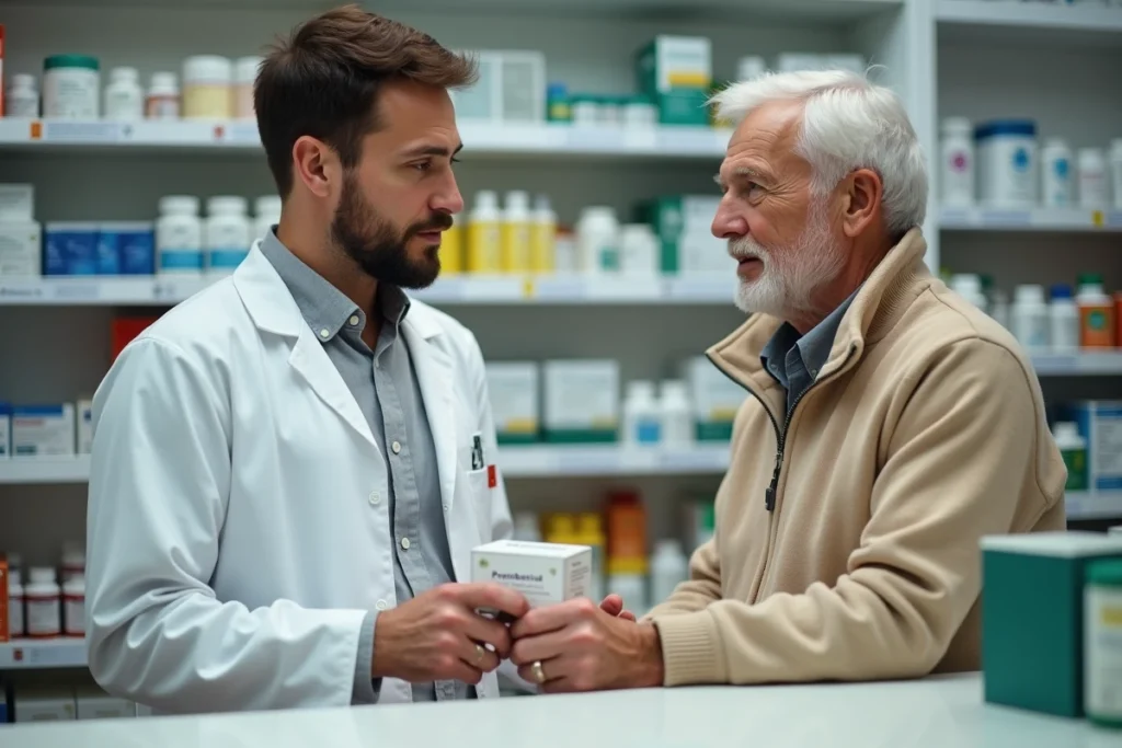 Pharmacien conseillant un homme âgé sur la prise de probiotiques avec des antibiotiques en pharmacie