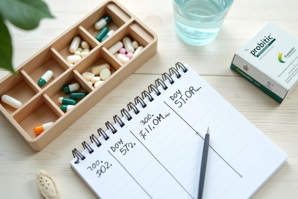 Pilulier hebdomadaire avec antibiotiques et probiotiques ULTRA Levure sur une table en bois, accompagné d'un planning de prise de médicaments