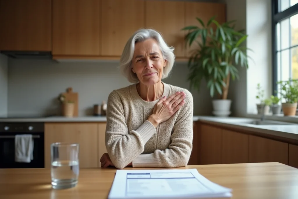 Femme quinquagénaire à domicile ressentant une gêne thoracique post-Covid, tenant sa main sur sa poitrine avec un rapport médical de troponine posé sur la table de cuisine