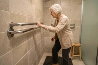 Femme senior se tenant à une barre d'appui dans une salle de bain aménagée pour prévenir les chutes