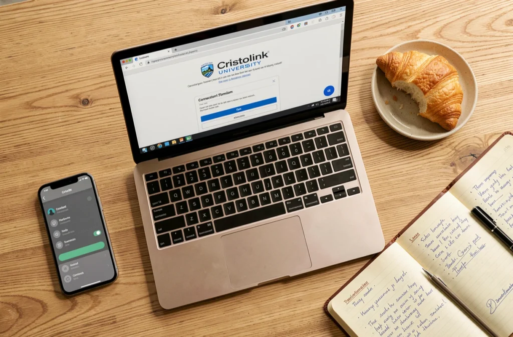 Vue aérienne d'un bureau avec ordinateur portable affichant une erreur de connexion Cristolink UPEC, smartphone montrant les paramètres wifi et notes de dépannage