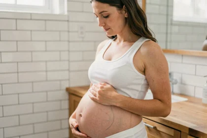 Femme enceinte regardant son ventre arrondi avec tendresse, montrant les changements naturels de la peau durant la grossesse