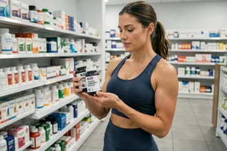 Femme comparant deux compléments alimentaires brûleurs de graisse en pharmacie pour choisir le meilleur en 2026