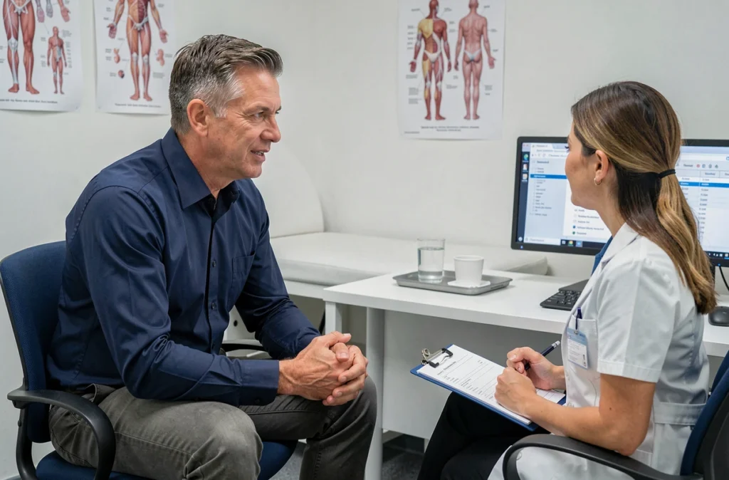 Patient d'âge mûr en consultation médicale discutant des effets secondaires d'un médicament avec sa médecin généraliste dans un cabinet clinique