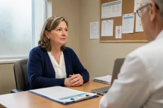 Femme d'une cinquantaine d'années en consultation médicale oncologique discutant d'une récidive de cancer avec son médecin