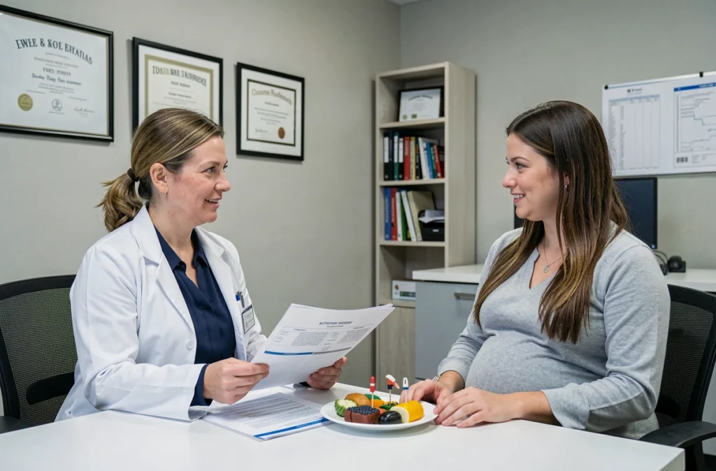 Consultation nutritionnelle entre une diététicienne et une femme enceinte pour optimiser l'alimentation pendant la grossesse