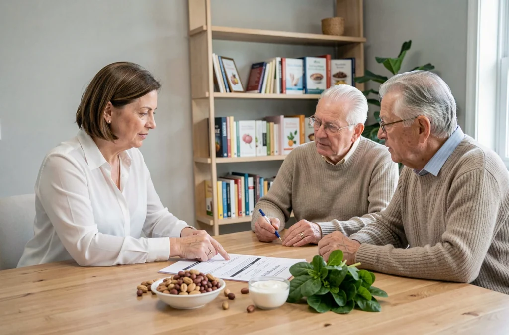 Une nutritionniste présente un plan alimentaire personnalisé à un couple de seniors lors d'une consultation, mettant en avant le rôle de la nutrition dans le maintien de l'autonomie des aînés.