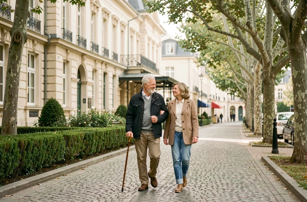 Couple de seniors se promenant devant une station thermale française spécialisée en rhumatologie