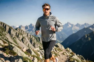 Coureur trail portant des verres ZEISS pour sports en montagne sur un sentier rocheux alpin