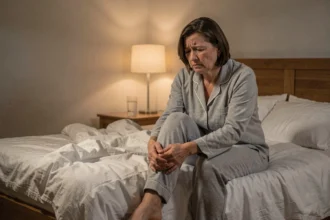 Femme d'âge mûr assise sur le bord de son lit la nuit, tenant son mollet en raison de crampes nocturnes dans les jambes