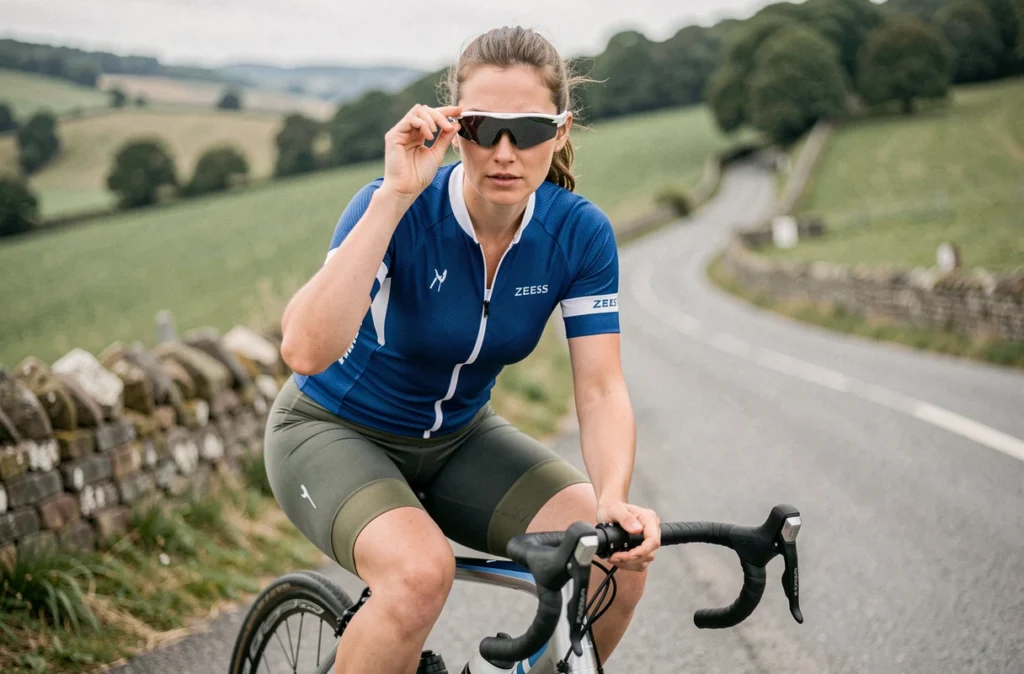 Cycliste féminine ajustant ses lunettes à verres ZEISS photochromiques lors d'une pause en campagne