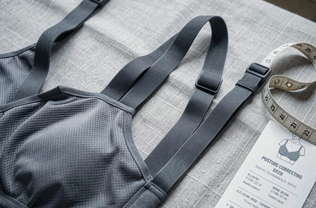 Détail en gros plan d'un soutien-gorge correcteur de posture avec guide de taille et ruban de couturière sur fond lin