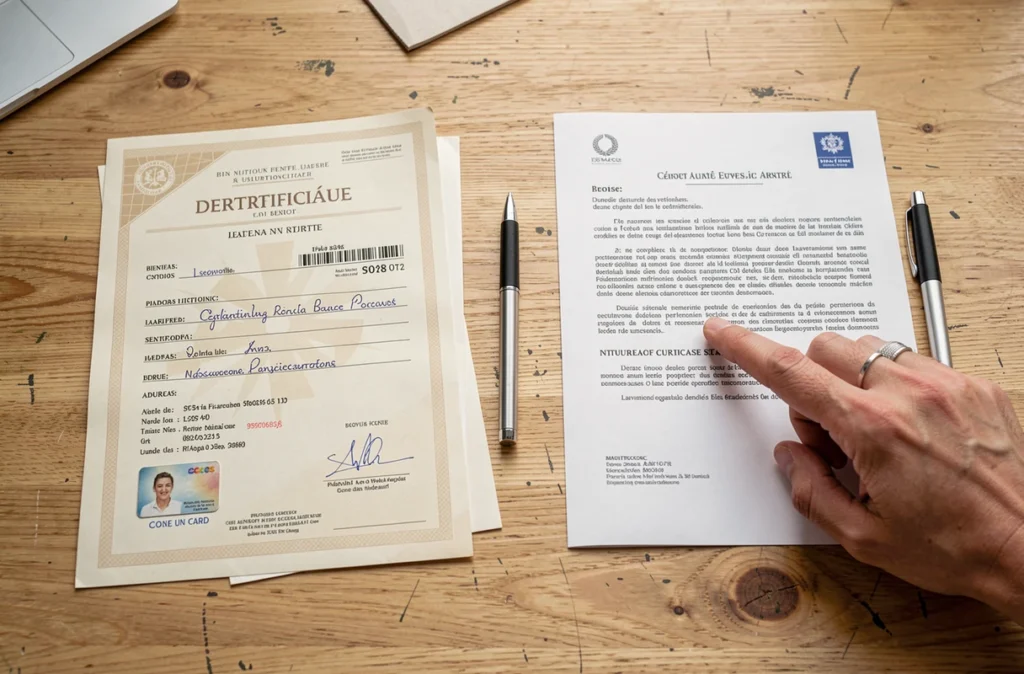 Documents nécessaires pour une demande de carte Vitale disposés sur un bureau en bois