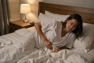 Femme souffrant d'une douleur au bas du dos droit la nuit, assise dans son lit en grimaçant