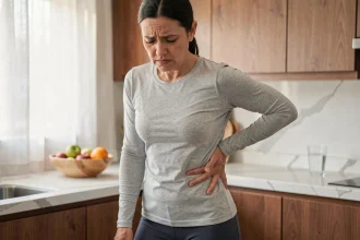 Femme tenant sa main dans le bas du dos gauche, au niveau du rein, exprimant une douleur dorsale dans une cuisine moderne