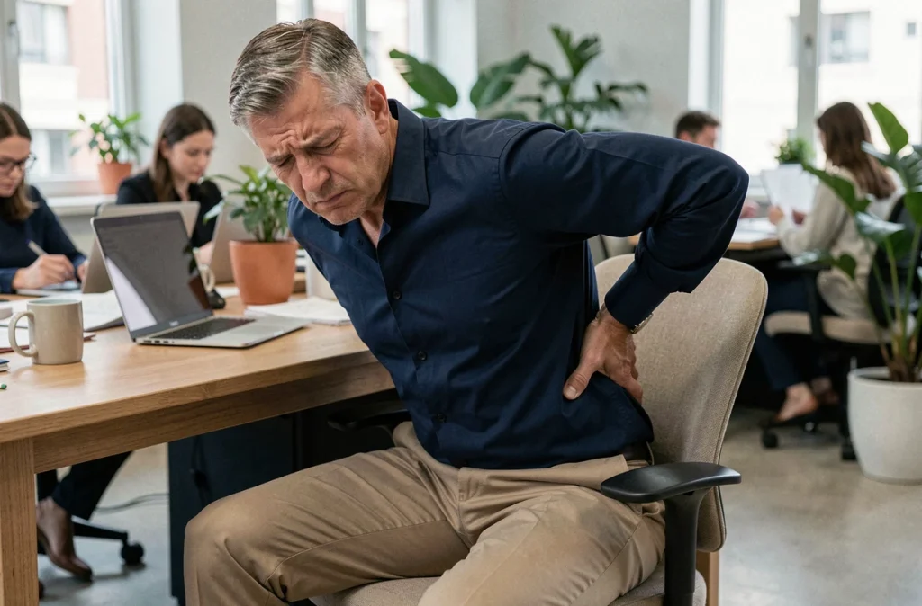 Homme assis à son bureau tenant son dos gauche douloureux au niveau du rein dans un environnement de bureau moderne