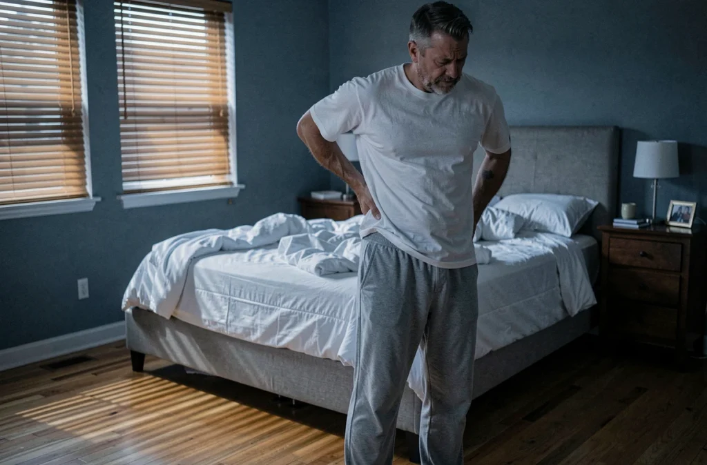 Homme debout près de son lit la nuit, main sur le bas du dos droit en raison d'une douleur lombaire