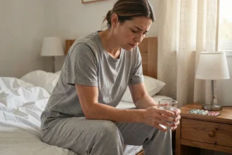 Femme fatiguée assise sur le bord d'un lit tenant un verre d'eau avec des médicaments posés sur la table de nuit, illustrant les effets indésirables d'un traitement médicamenteux