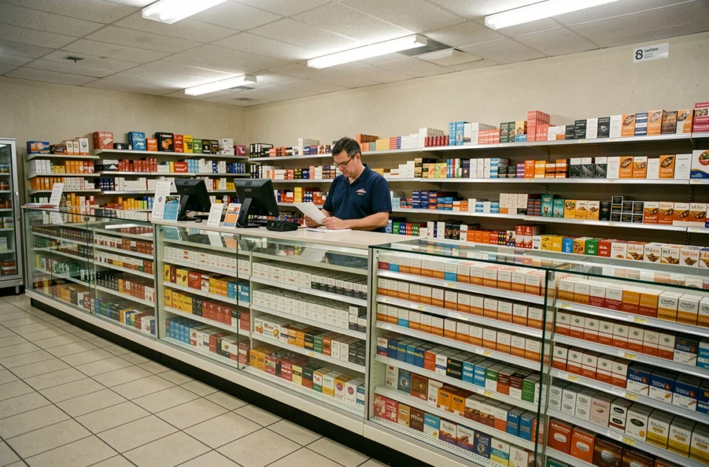 Étagère de bureau de tabac avec rangées de paquets de cigarettes derrière un comptoir vitré