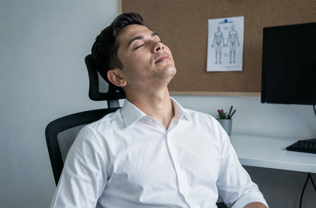 Personne pratiquant un exercice d'étirement cervical au bureau pour améliorer la rectitude rachidienne