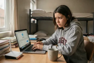 Étudiante frustrée devant son ordinateur portable avec une erreur de connexion wifi affiché sur l'écran dans une chambre universitaire