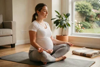 Femme enceinte pratiquant des exercices du périnée sur un tapis de yoga à domicile