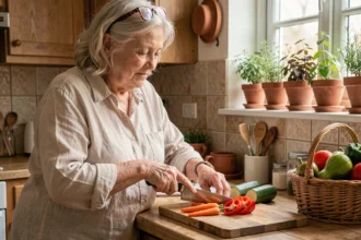 Une femme âgée autonome prépare un repas équilibré avec des légumes frais dans sa cuisine, illustrant le lien entre alimentation et autonomie chez les aînés.