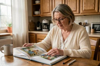 Femme de 75 ans concentrée sur un livre d'exercices cognitifs à sa table de cuisine en bois