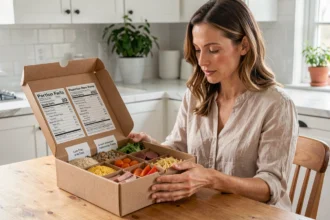 Femme examinant les menus d'une box de régime livrée à domicile dans une cuisine moderne