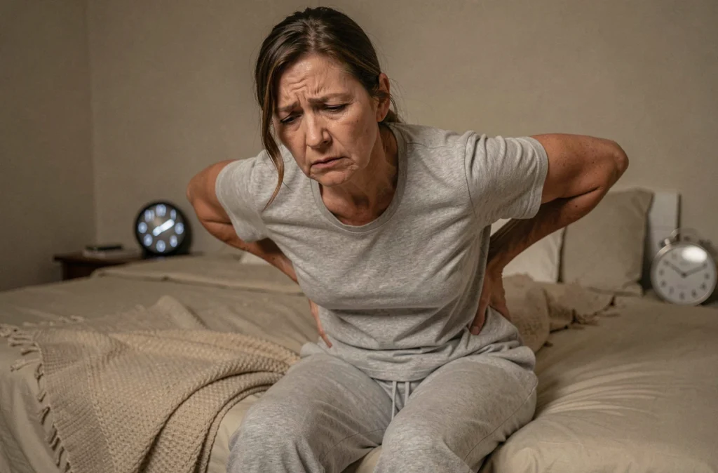 Femme assise sur le bord du lit la nuit, souffrant d'une douleur au bas du dos côté droit