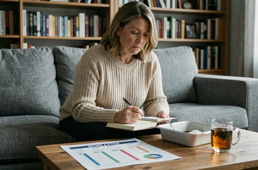 Femme réfléchissant à l'effet yo-yo d'un régime avec un journal de suivi de poids et une box repas vide