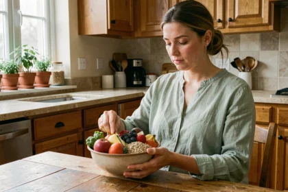 Femme enceinte préparant un repas équilibré avec des fruits et légumes frais dans une cuisine chaleureuse
