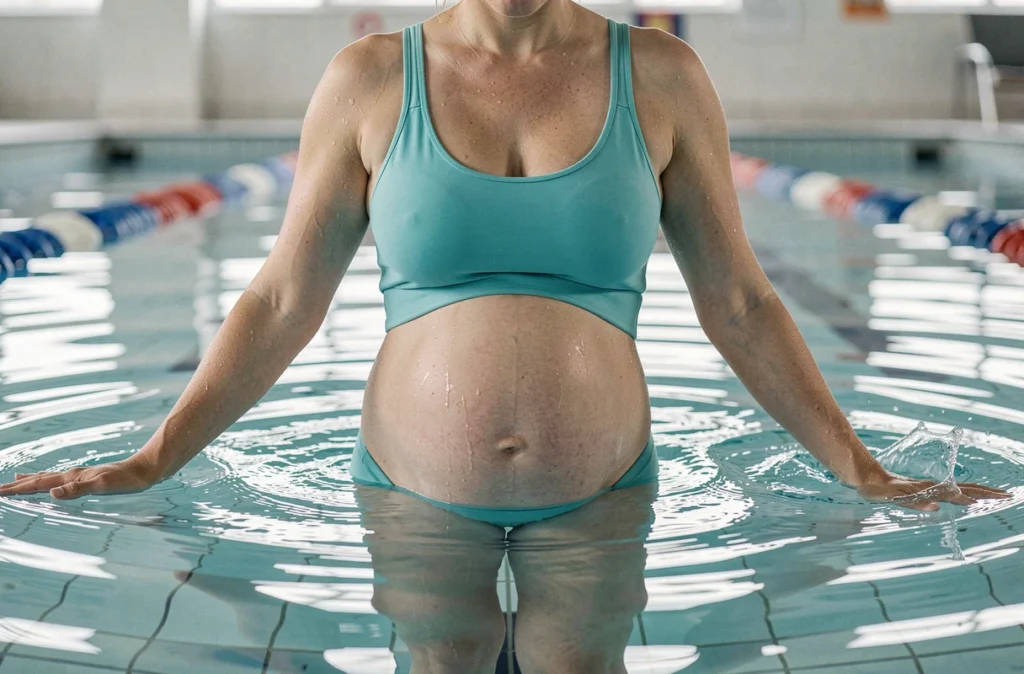 Femme enceinte faisant de l'aquagym dans une piscine intérieure, activité physique aquatique douce et sécurisée pendant la grossesse
