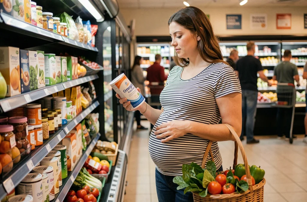 Femme enceinte choisissant des aliments nutritifs riches en oméga-3 dans un supermarché pour la santé de son bébé