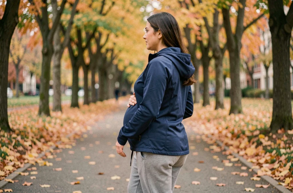 Femme enceinte marchant dans un parc en automne, exercice physique modéré conseillé durant la grossesse pour rester en bonne santé