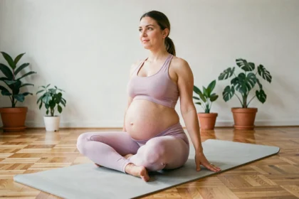 Femme enceinte pratiquant le yoga prénatal sur un tapis de sport à domicile, activité physique douce recommandée pendant la grossesse