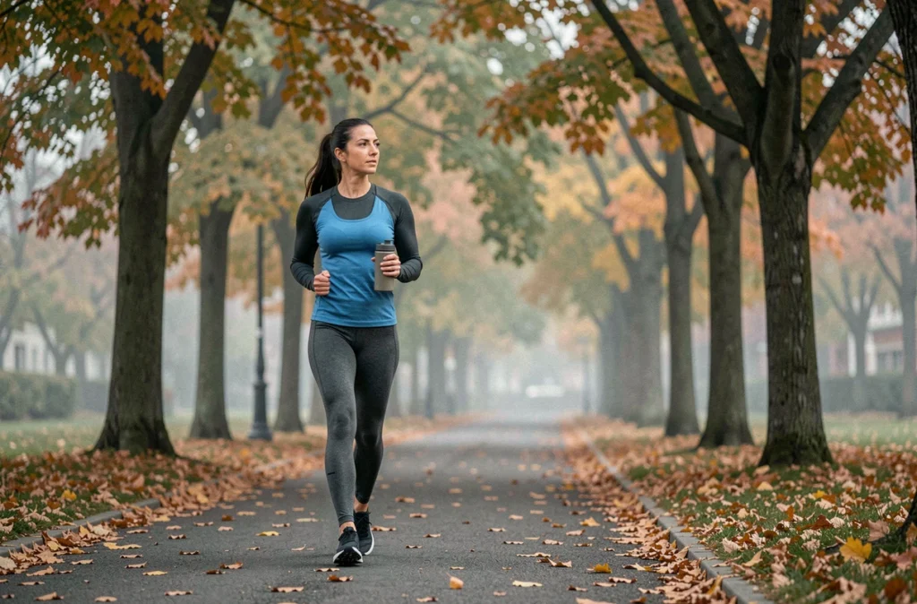 Femme faisant une marche matinale dans un parc pour soutenir la santé hépatique et réduire les transaminases élevées