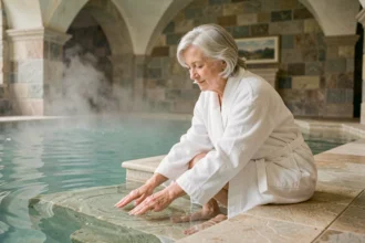 Femme senior en robe de bain dans une piscine thermale pour soulager les douleurs rhumatismales