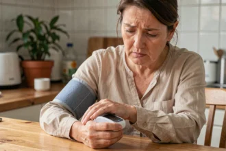 Femme d'âge mûr mesurant sa tension artérielle avec un tensiomètre connecté bon marché au poignet dans sa cuisine