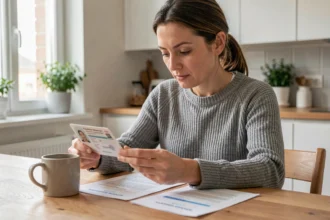 Femme vérifiant ses documents pour la carte Vitale à une table de cuisine moderne