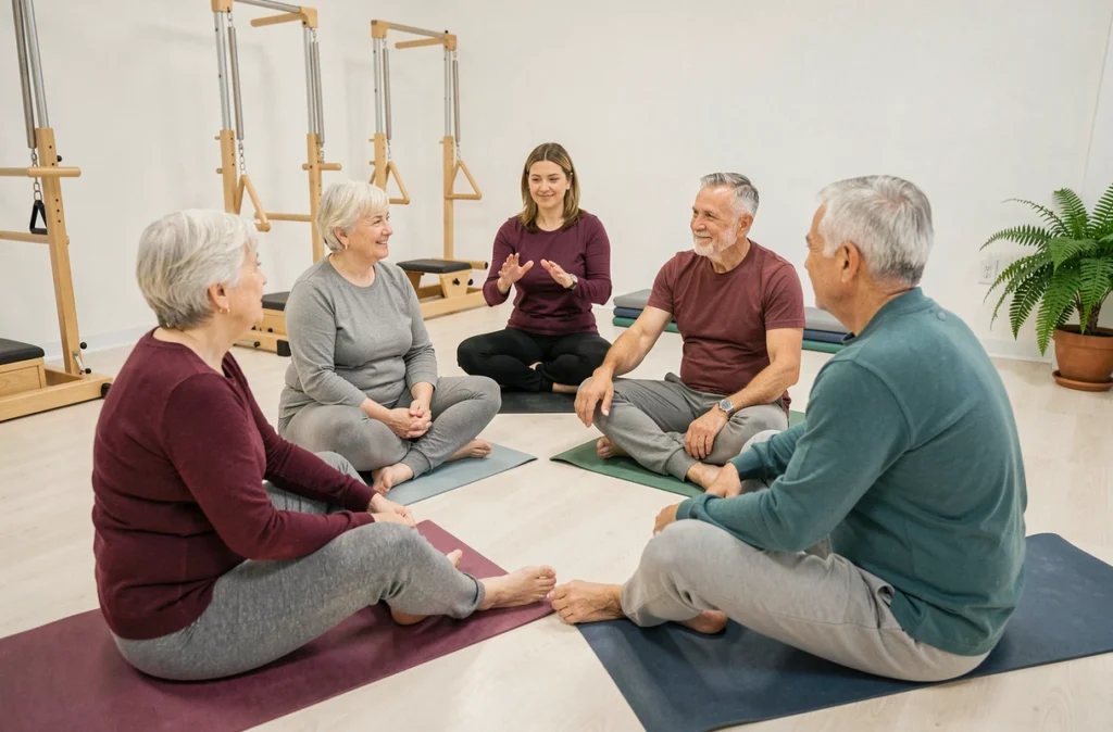 Un groupe de seniors participant à une séance d'activité physique adaptée animée par une instructrice dans un studio de kinésithérapie