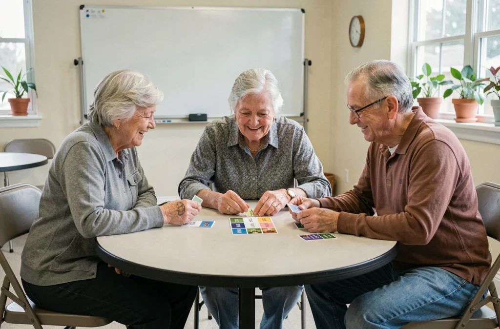 Groupe de seniors jouant à un jeu de cartes mnémotechniques dans un centre communautaire