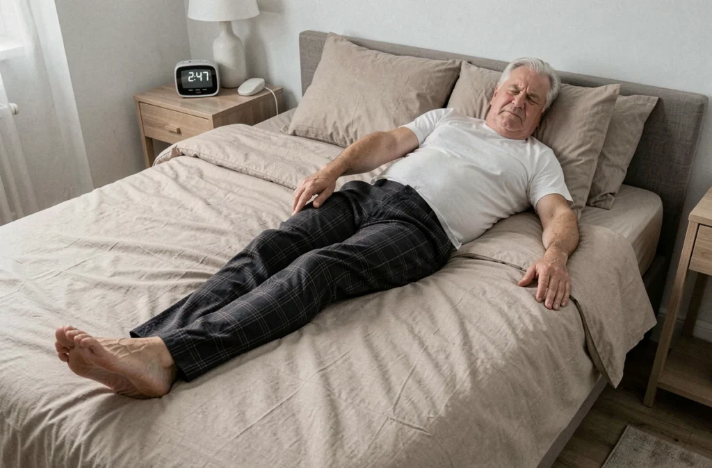 Homme âgé allongé dans son lit la nuit souffrant de crampes dans les jambes, heure affichée sur le réveil