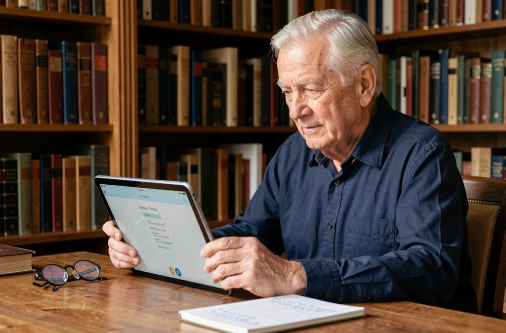 Homme âgé utilisant une tablette pour des exercices de mémoire dans une bibliothèque à domicile