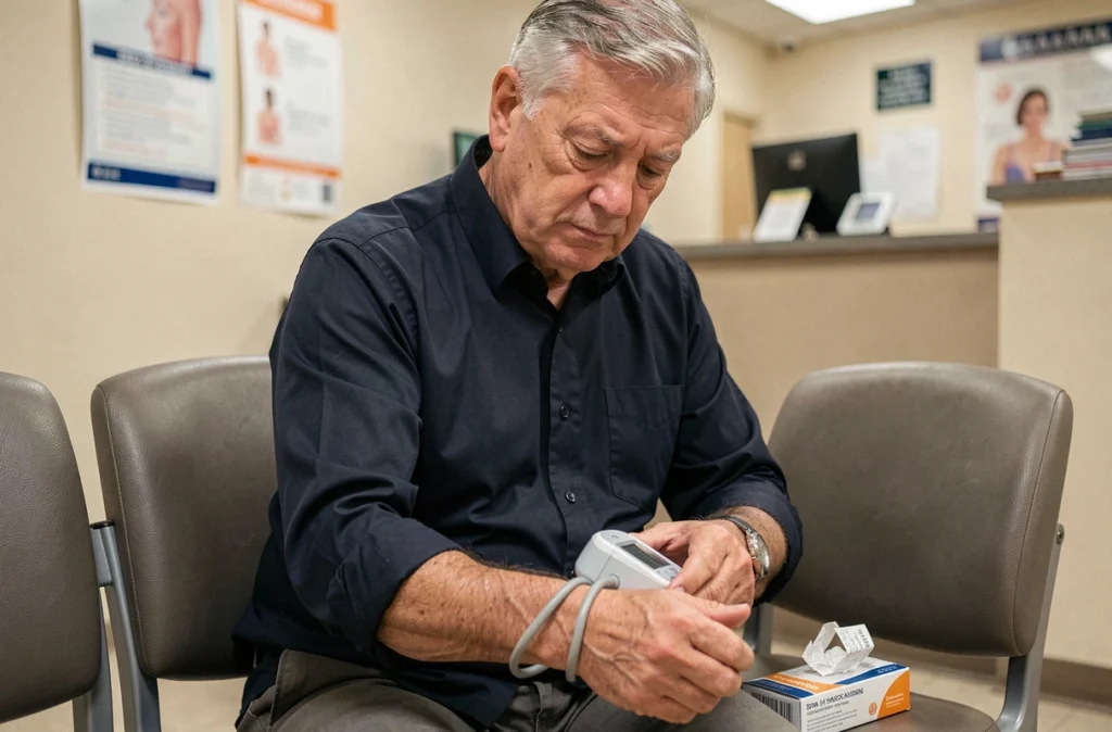 Homme âgé consultant un tensiomètre montre pas cher en salle d'attente médicale