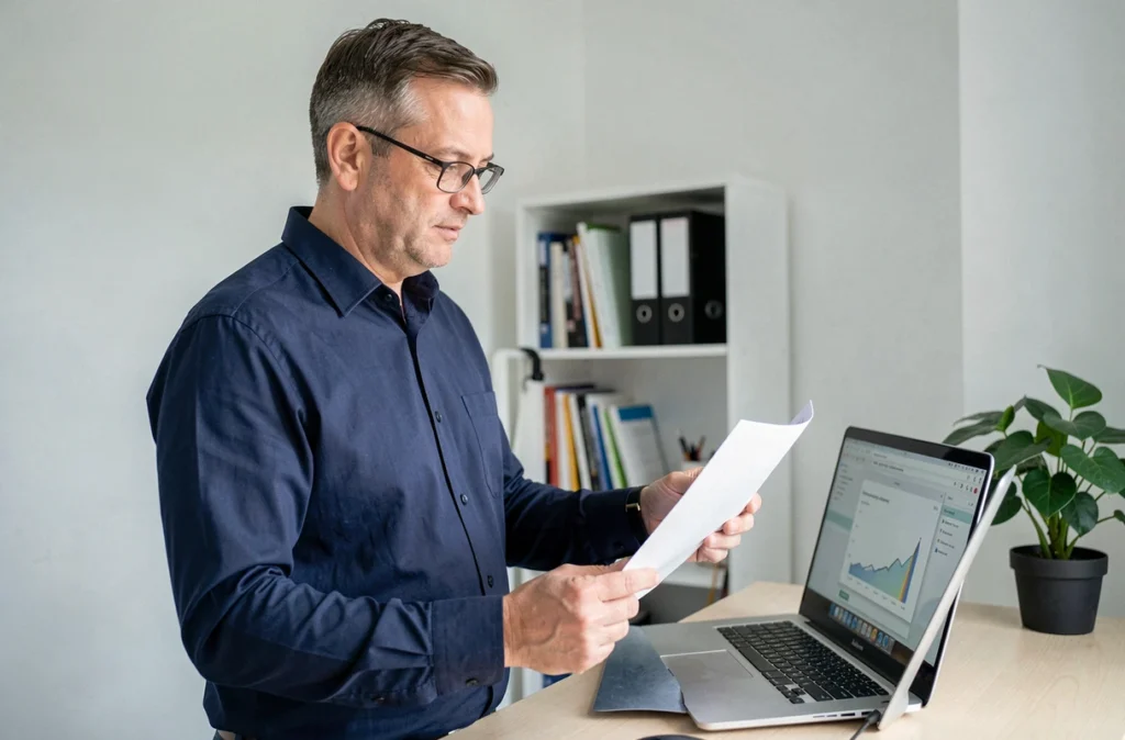 Homme consultant ses documents administratifs pour la carte Vitale sur son bureau à domicile